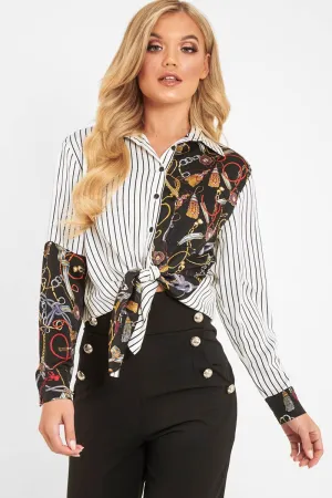 White Black Pinstripe Chain Print Insert Shirt - Georgena