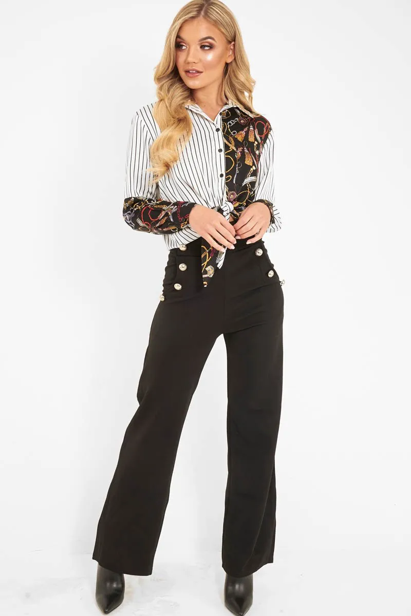 White Black Pinstripe Chain Print Insert Shirt - Georgena