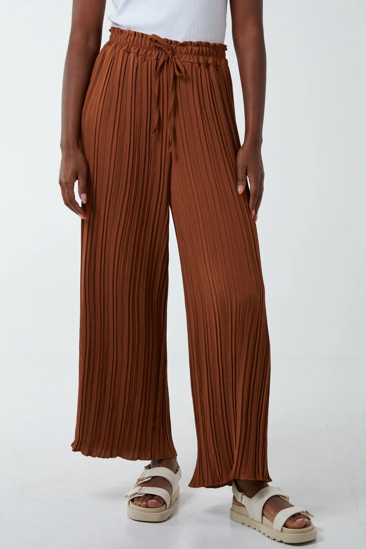 Wide Leg Plisse Drawstring Trousers