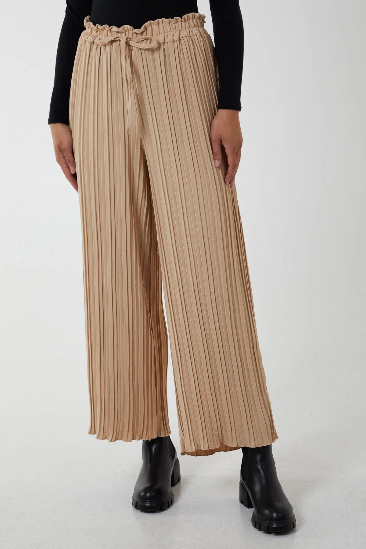 Wide Leg Plisse Drawstring Trousers