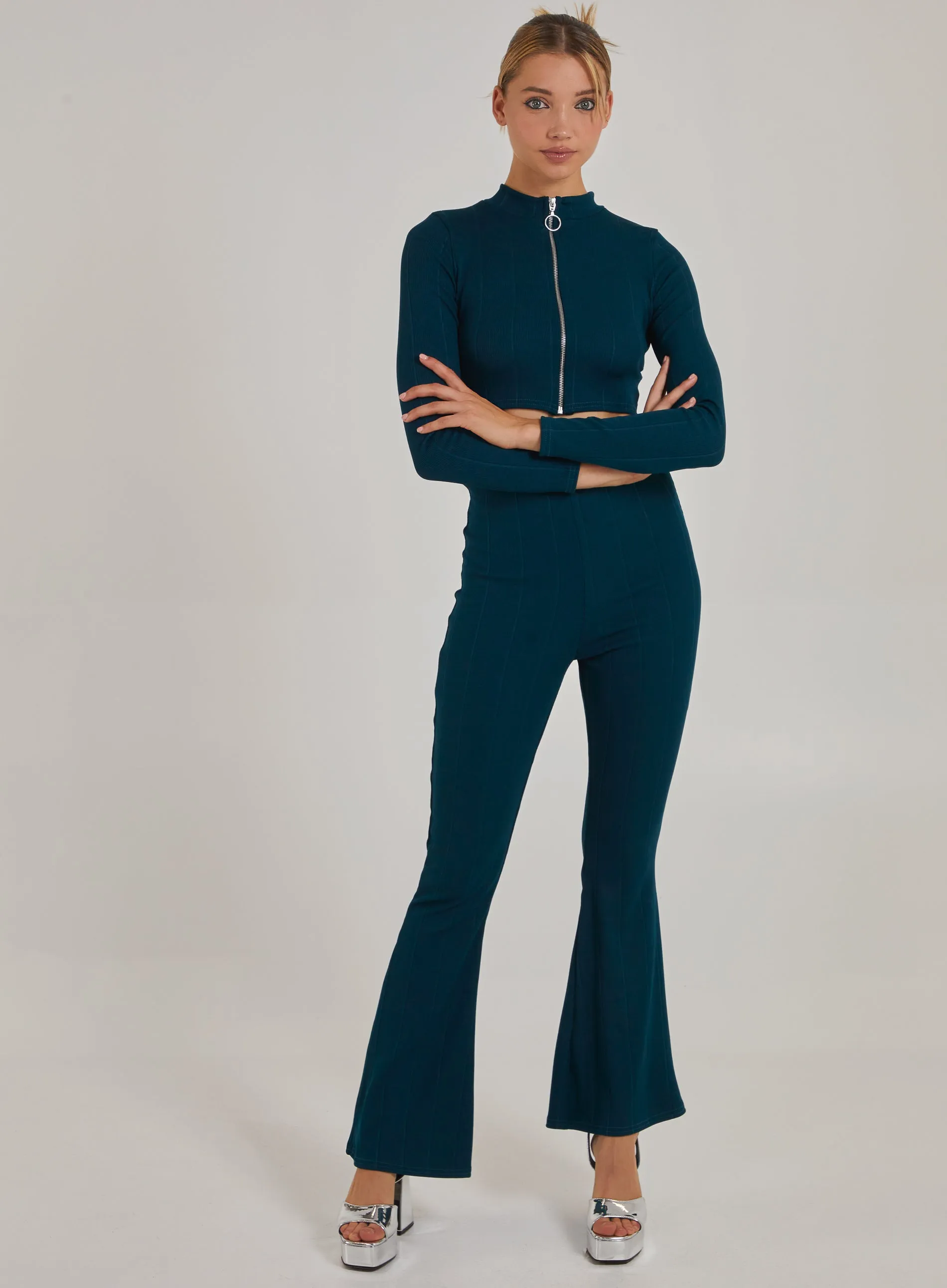 Wide Ribbed Flare Trousers