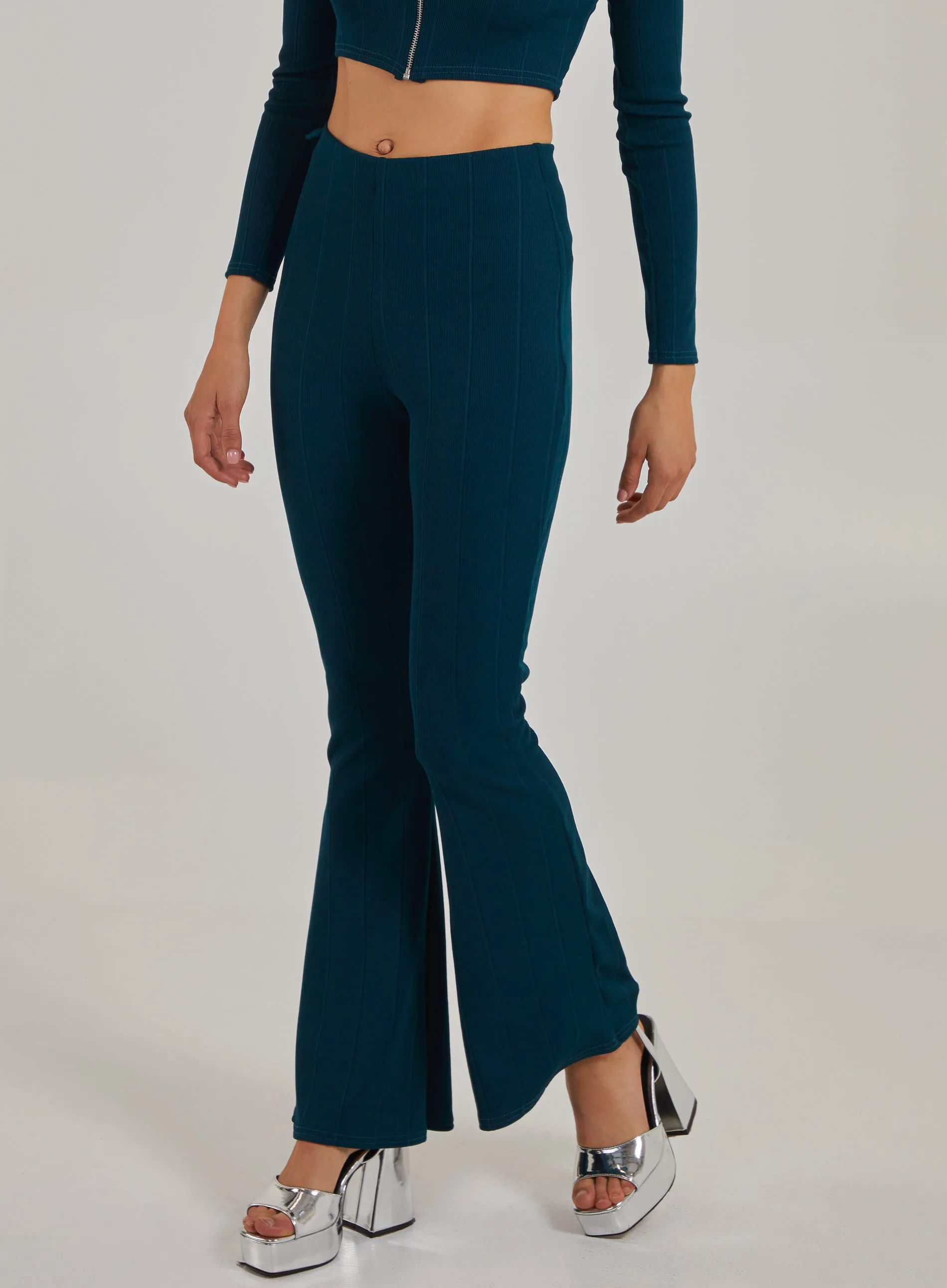 Wide Ribbed Flare Trousers