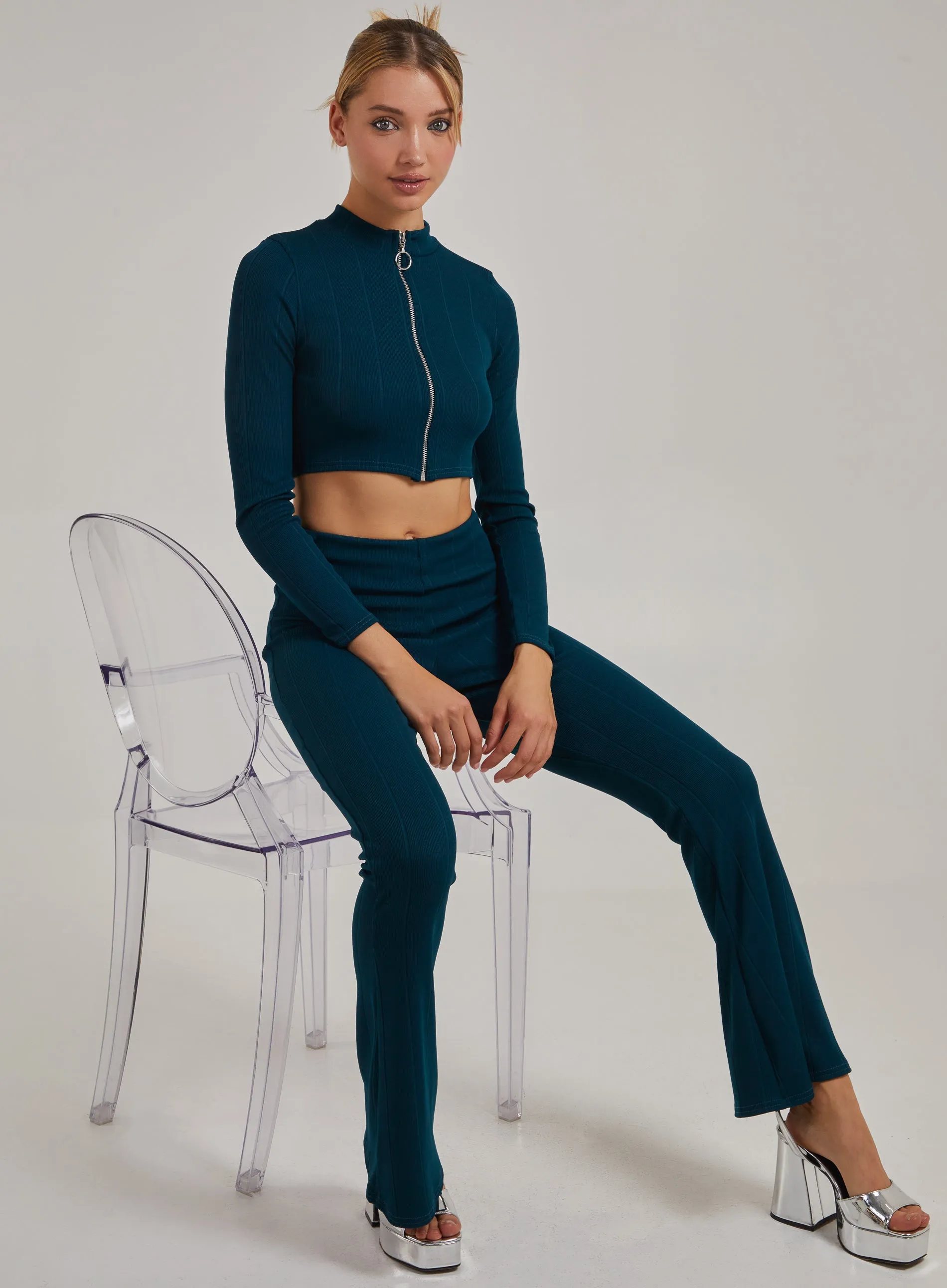 Wide Ribbed Flare Trousers