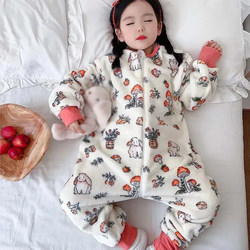 Winter Kids Baby Onesie Pajamas Flannel Thickened Split Leg Cartoon Printed Sleeping Bag Child Plush Warm Jumpsuit Sleapwear