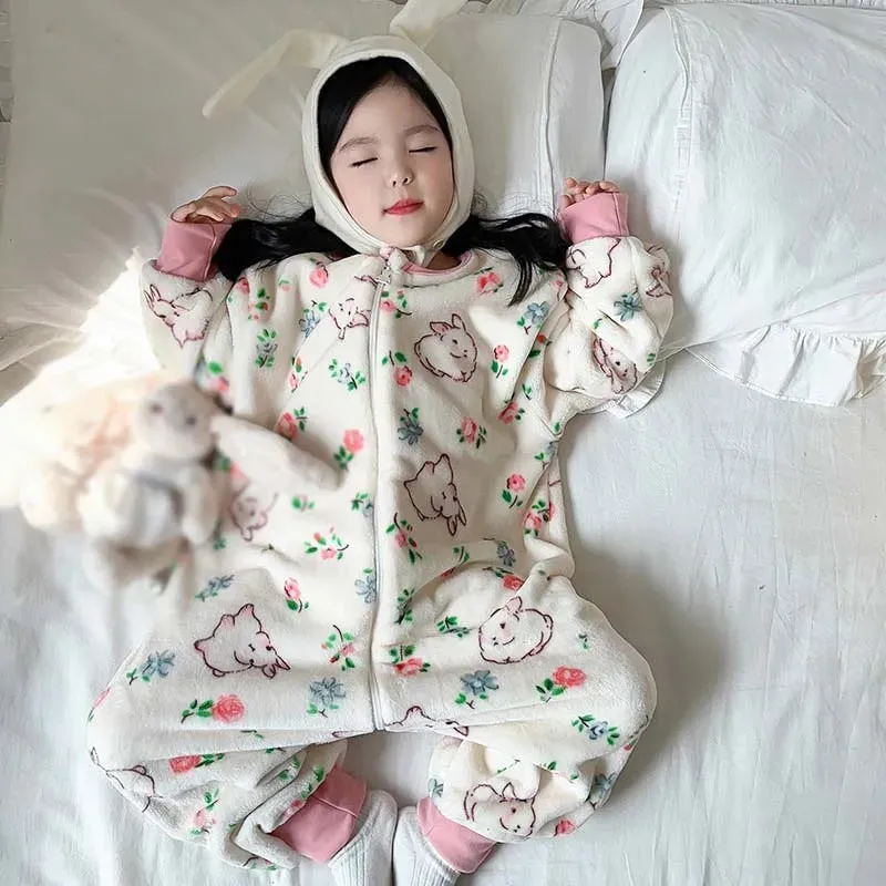 Winter Kids Baby Onesie Pajamas Flannel Thickened Split Leg Cartoon Printed Sleeping Bag Child Plush Warm Jumpsuit Sleapwear