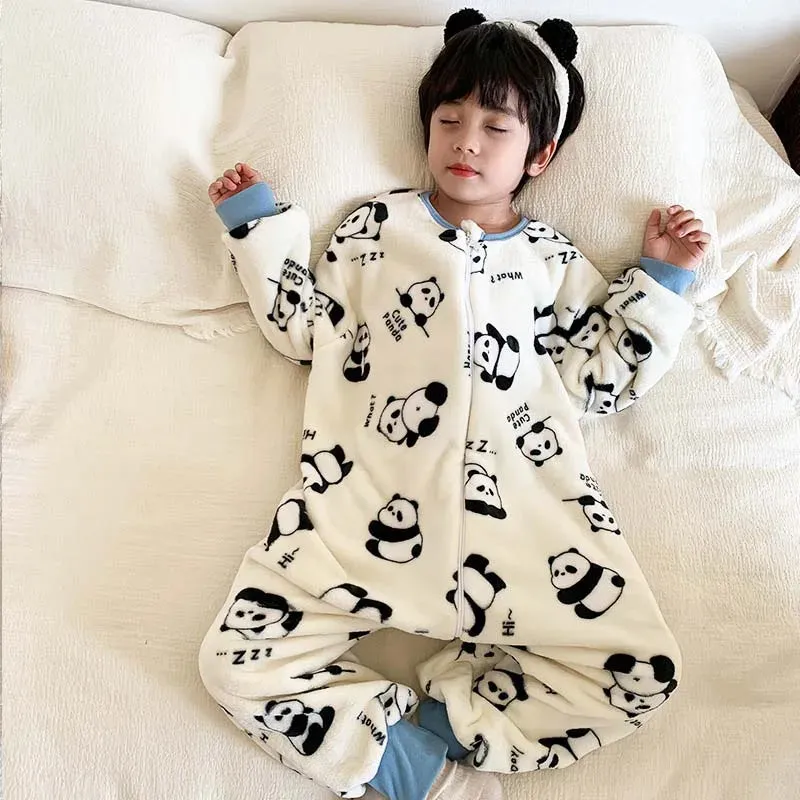Winter Kids Baby Onesie Pajamas Flannel Thickened Split Leg Cartoon Printed Sleeping Bag Child Plush Warm Jumpsuit Sleapwear