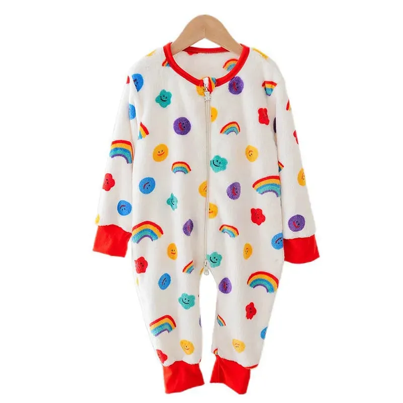 Winter Kids Baby Onesie Pajamas Flannel Thickened Split Leg Cartoon Printed Sleeping Bag Child Plush Warm Jumpsuit Sleapwear
