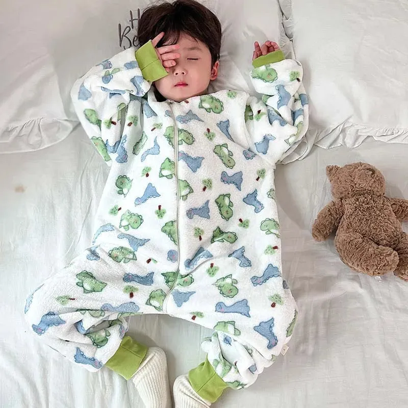 Winter Kids Baby Onesie Pajamas Flannel Thickened Split Leg Cartoon Printed Sleeping Bag Child Plush Warm Jumpsuit Sleapwear