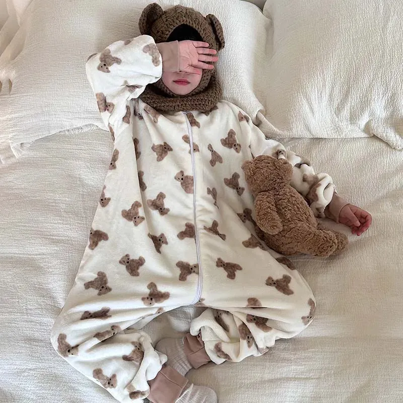 Winter Kids Baby Onesie Pajamas Flannel Thickened Split Leg Cartoon Printed Sleeping Bag Child Plush Warm Jumpsuit Sleapwear