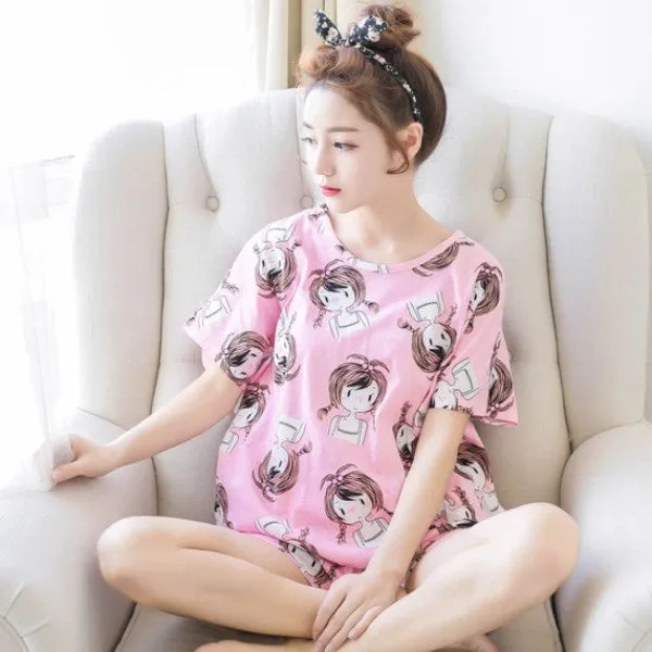 Women Pajamas Set Thin Short Sleeve Cute Sleepwear Homewear