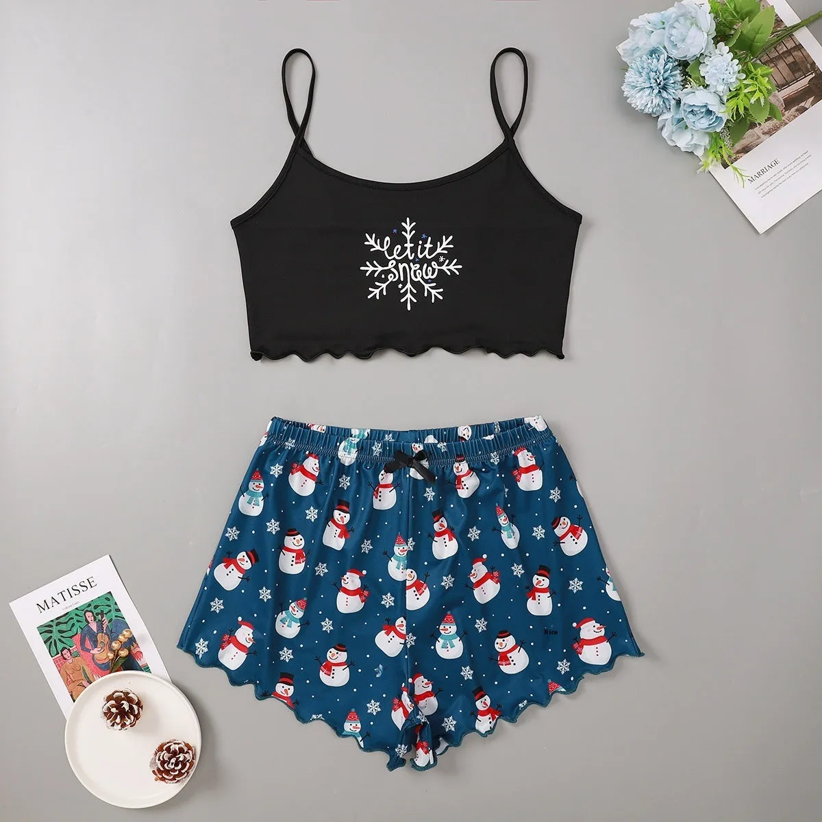 Women's Adorable Two Piece Christmas Pajama Crop Top and Shorts Set