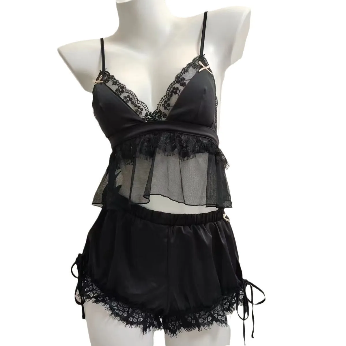 Women's Lace Suspender Shorts Ice Silk Pajamas Suit