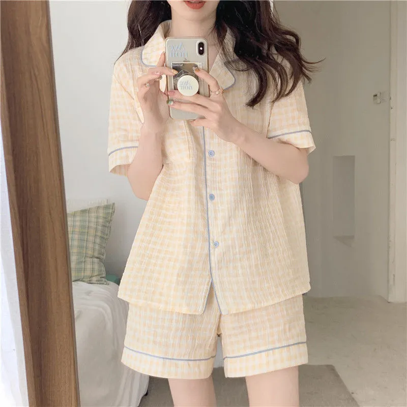 Women's Night Wears 2 Piece Pajama Set Plaid Shorts and Top Summer Pajama Set
