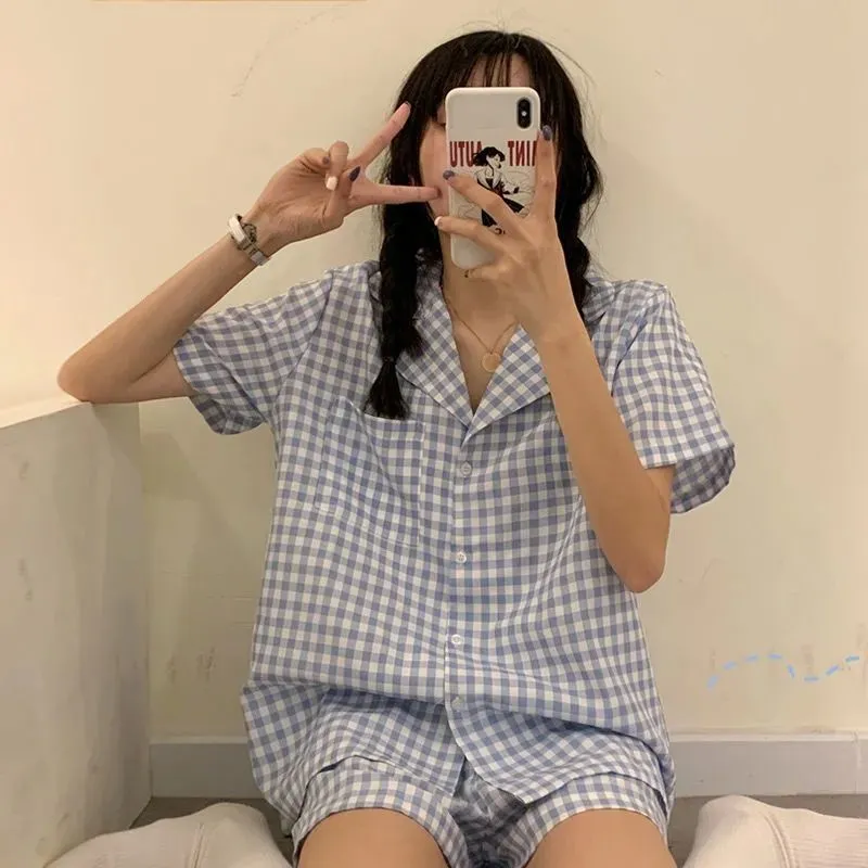 Women's Night Wears 2 Piece Pajama Set Plaid Shorts and Top Summer Pajama Set