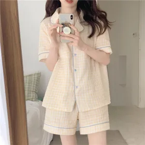 Women's Night Wears 2 Piece Pajama Set Plaid Shorts and Top Summer Pajama Set