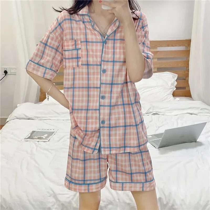 Women's Night Wears 2 Piece Pajama Set Plaid Shorts and Top Summer Pajama Set