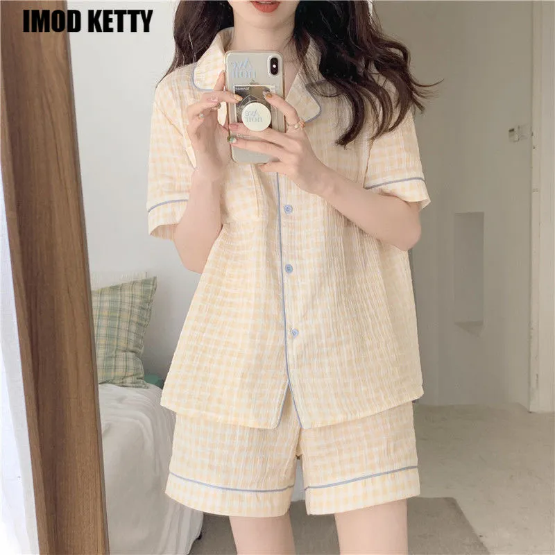 Women's Night Wears 2 Piece Pajama Set Plaid Shorts and Top Summer Pajama Set