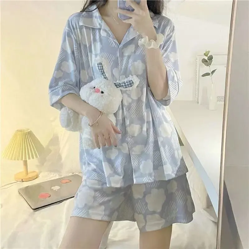 Women's Night Wears 2 Piece Pajama Set Plaid Shorts and Top Summer Pajama Set