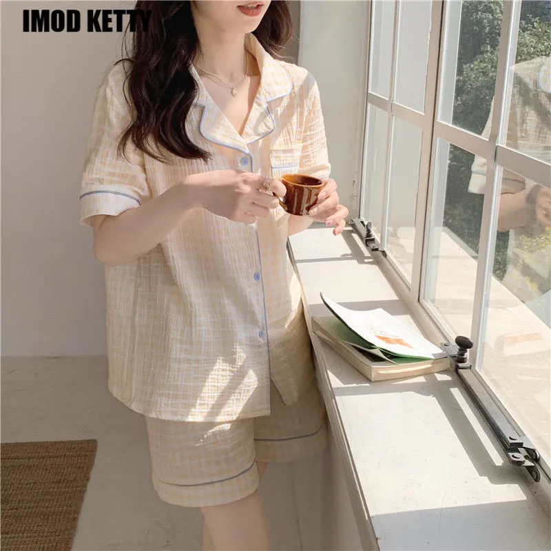 Women's Night Wears 2 Piece Pajama Set Plaid Shorts and Top Summer Pajama Set