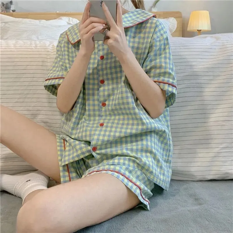 Women's Night Wears 2 Piece Pajama Set Plaid Shorts and Top Summer Pajama Set
