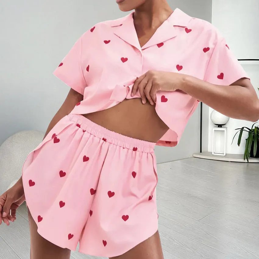 Women's Silk-like Heart Printing Pajamas Two-piece Set