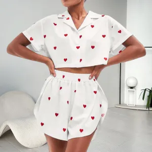 Women's Silk-like Heart Printing Pajamas Two-piece Set