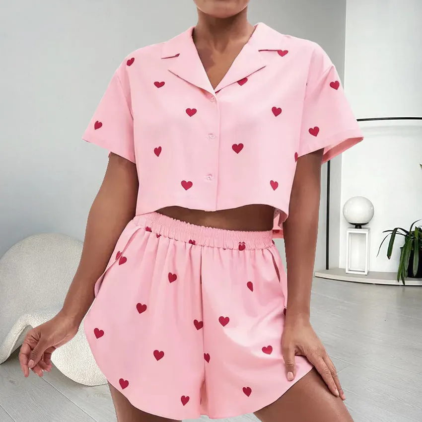 Women's Silk-like Heart Printing Pajamas Two-piece Set