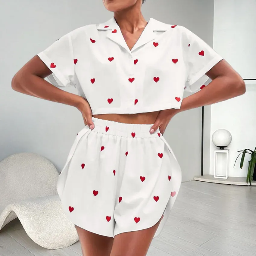 Women's Silk-like Heart Printing Pajamas Two-piece Set
