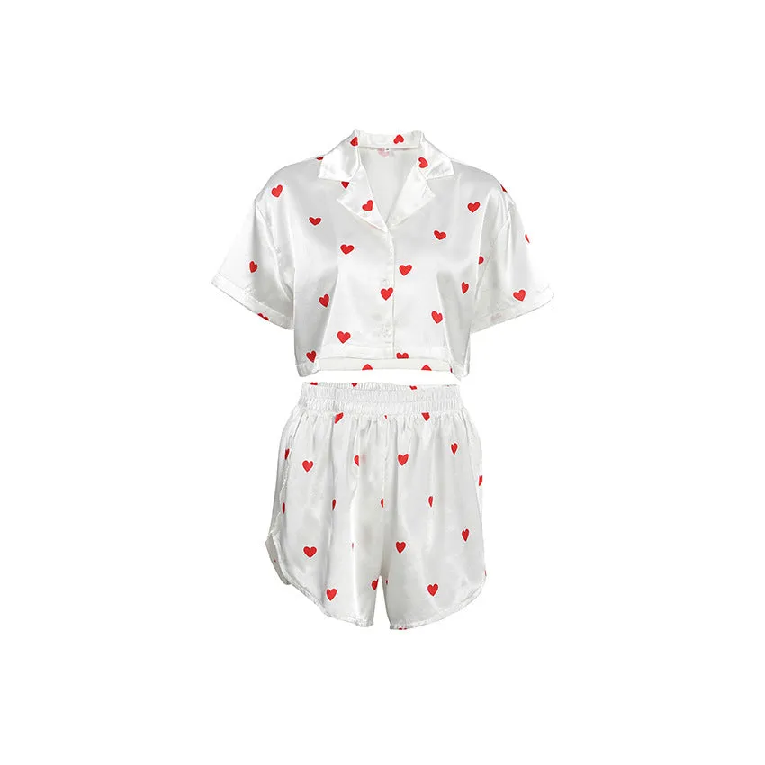 Women's Silk-like Heart Printing Pajamas Two-piece Set