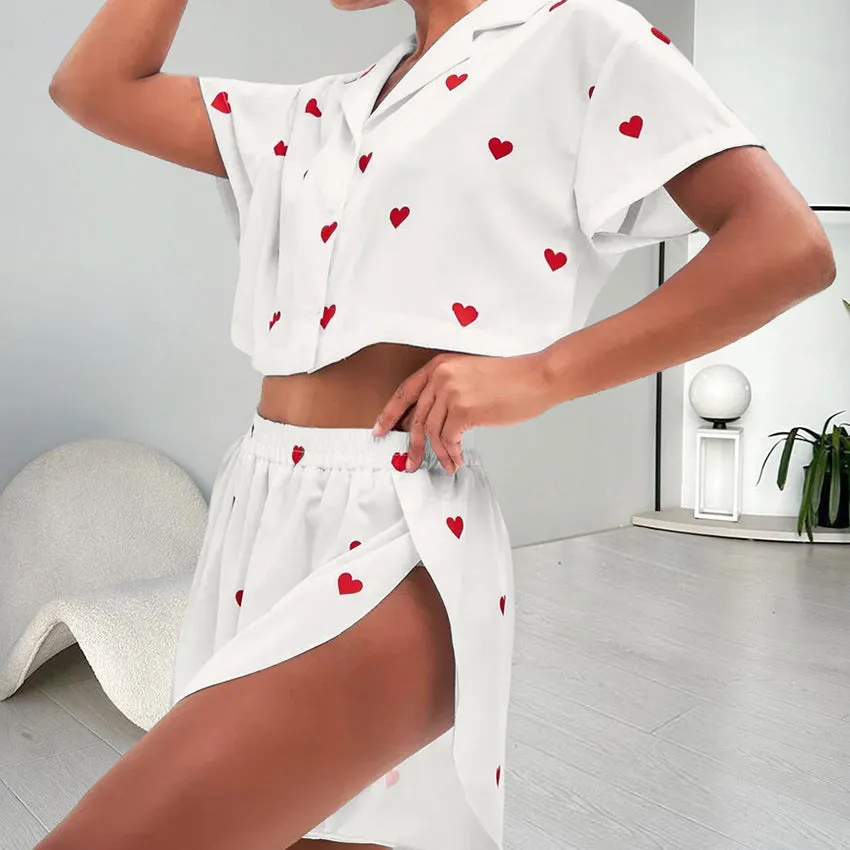 Women's Silk-like Heart Printing Pajamas Two-piece Set